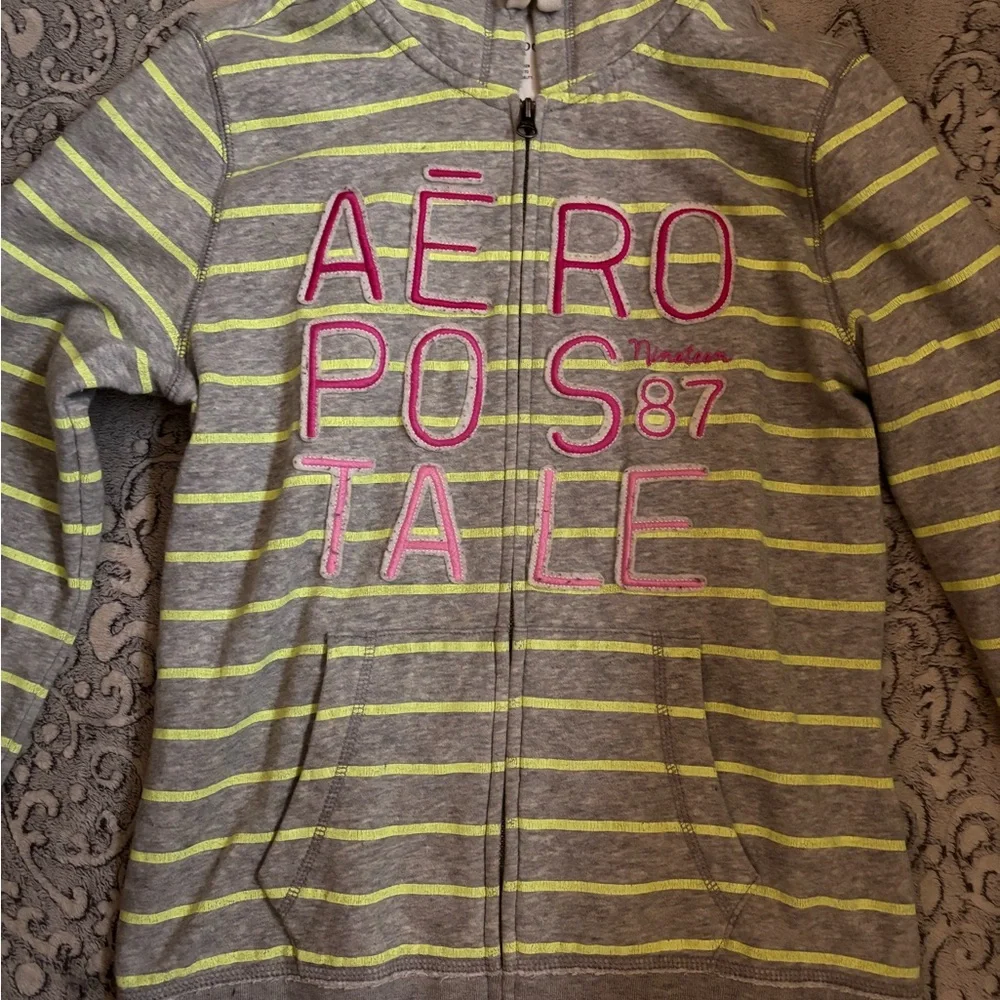 Aeropostale grey & lime green striped zip up jacket with pink accents Size L - Picture 1 of 4